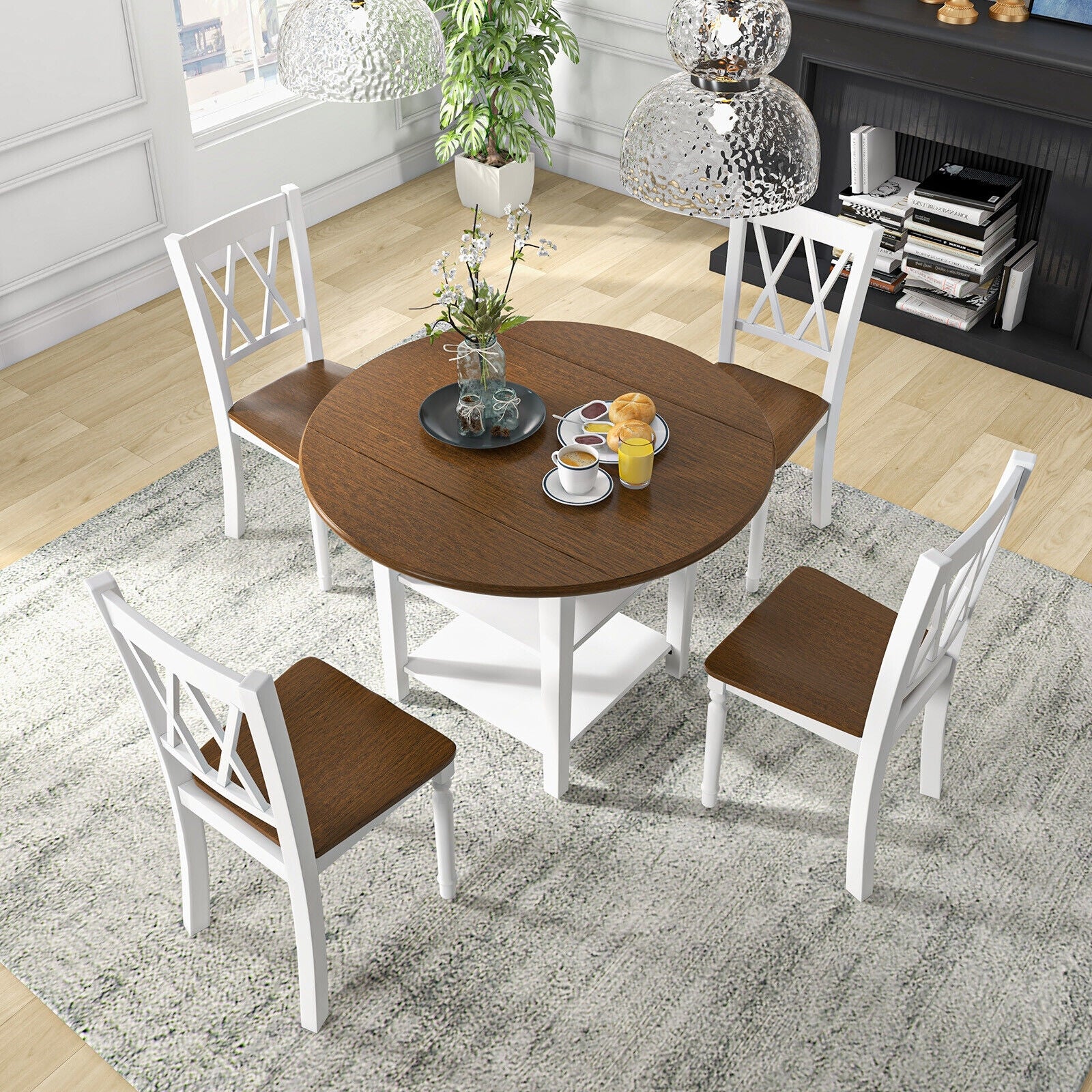 5 Piece Round Kitchen Dining Set, Drop Leaf Table Top, Walnut, Gray Dining Room Sets at Gallery Canada