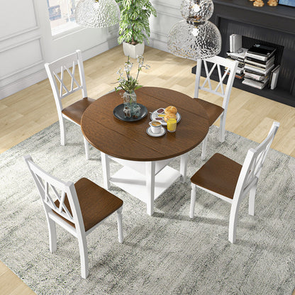 5 Piece Round Kitchen Dining Set, Drop Leaf Table Top, Walnut, Gray Dining Room Sets at Gallery Canada