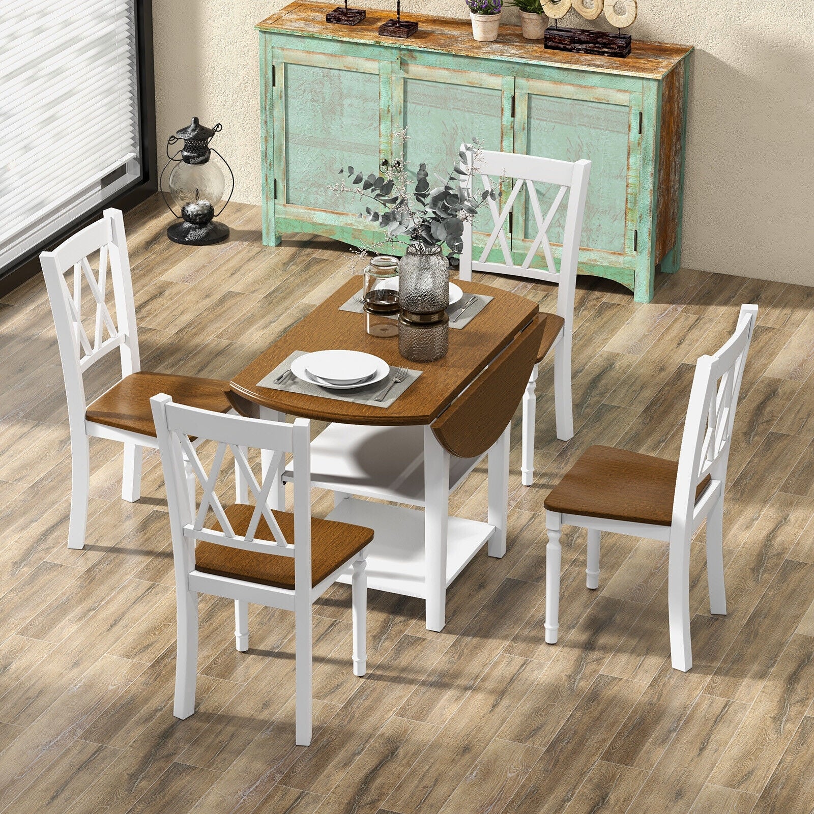 5 Piece Round Kitchen Dining Set, Drop Leaf Table Top, Walnut, Gray Dining Room Sets at Gallery Canada