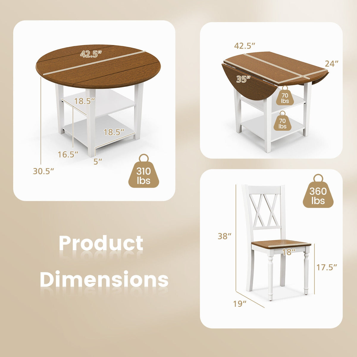 5 Piece Round Kitchen Dining Set, Drop Leaf Table Top, Walnut, Gray Dining Room Sets at Gallery Canada
