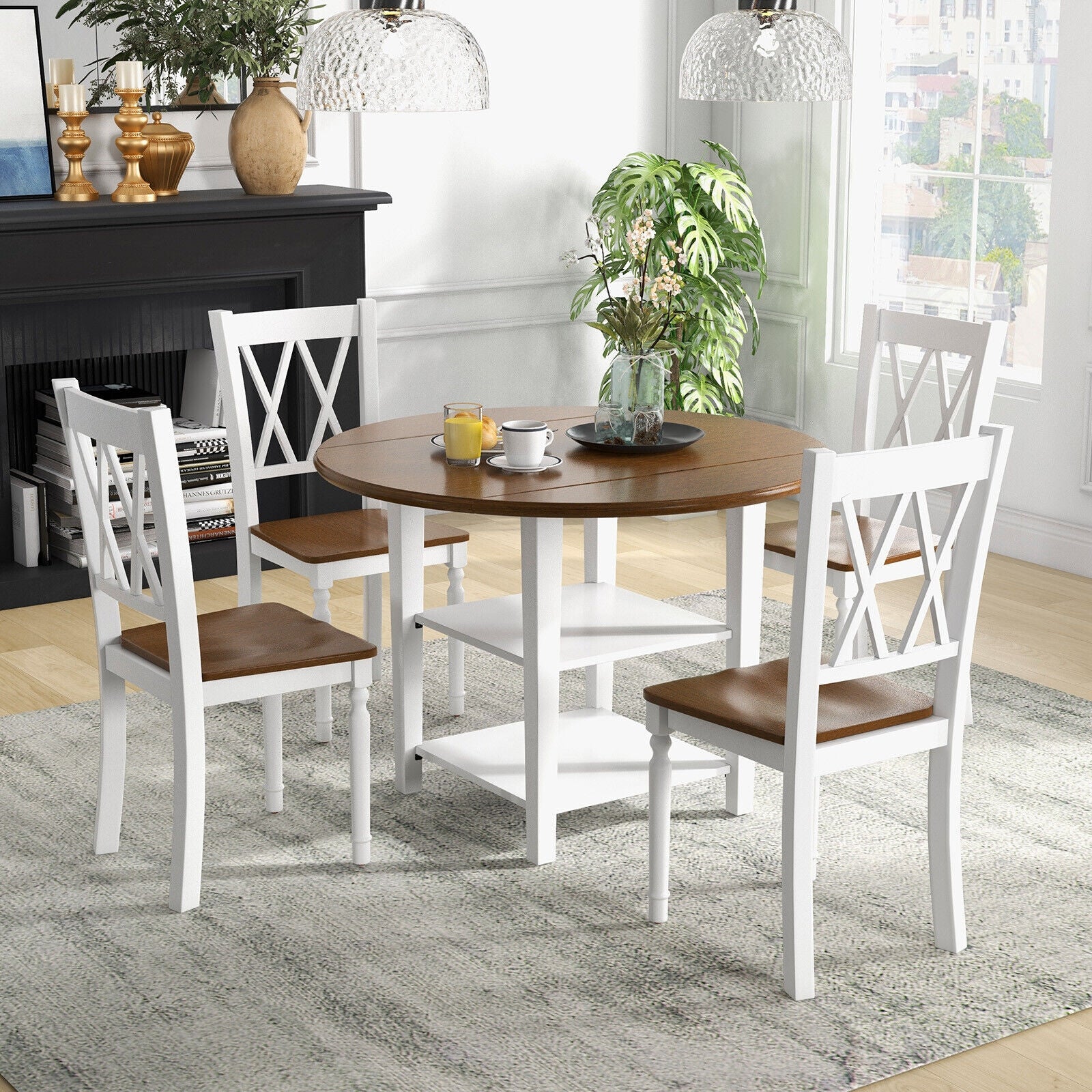 5 Piece Round Kitchen Dining Set, Drop Leaf Table Top, Walnut, Gray Dining Room Sets at Gallery Canada