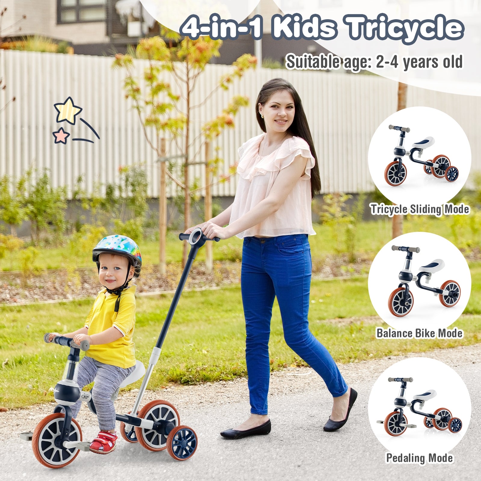 4-in-1 Kids Trike Bike, Adjustable Push Handle, Navy Kids Bike at Gallery Canada