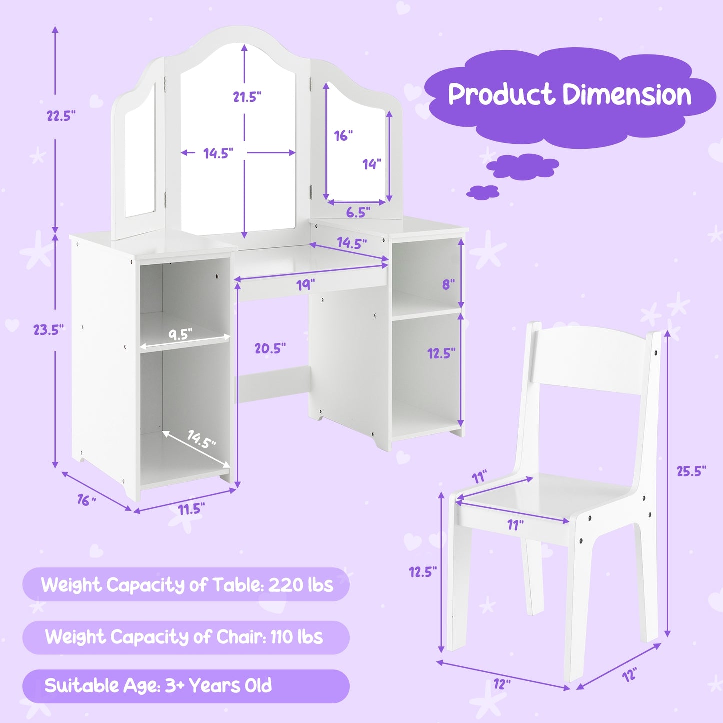 Kids Vanity Table And Chair Set, With Removable Mirror, White Kids Vanities at Gallery Canada