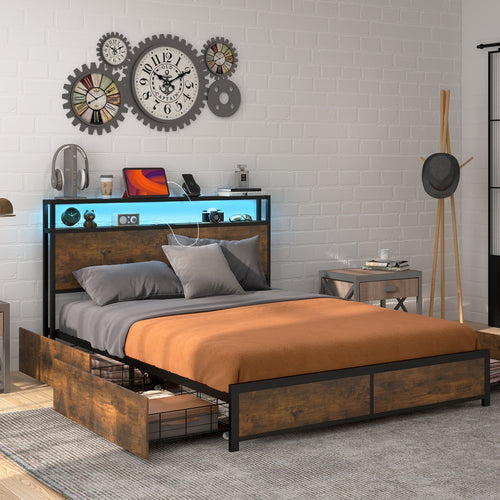 Full Queen Size Bed Frame, Smart LED Lights, Storage Drawers, Rustic Brown