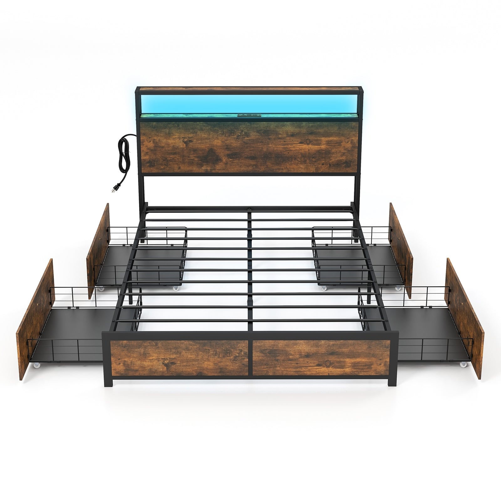 Full Queen Size Bed Frame, Smart LED Lights, Storage Drawers, Rustic Brown Simple Bed Frame at Gallery Canada