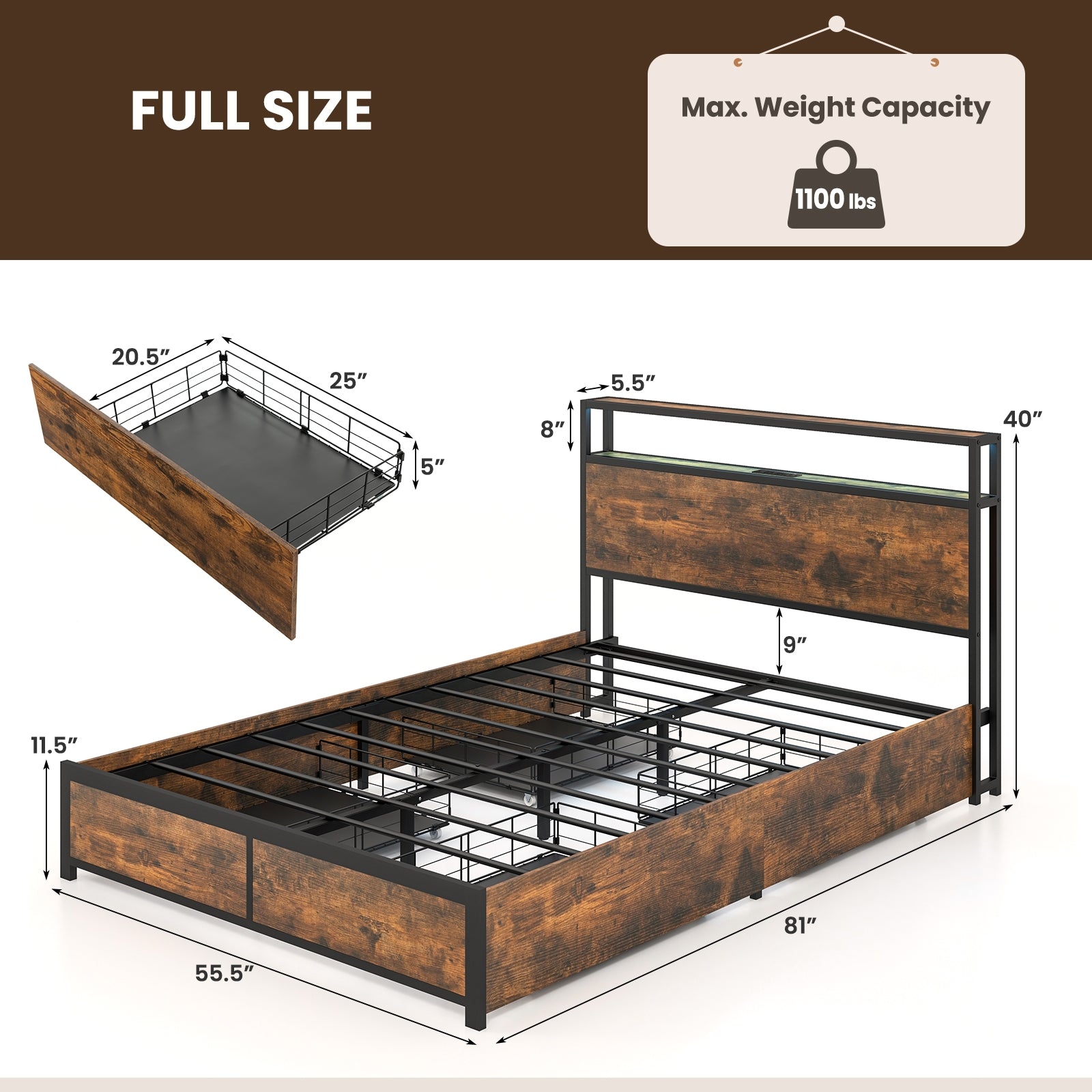 Full Queen Size Bed Frame, Smart LED Lights, Storage Drawers, Rustic Brown Simple Bed Frame at Gallery Canada