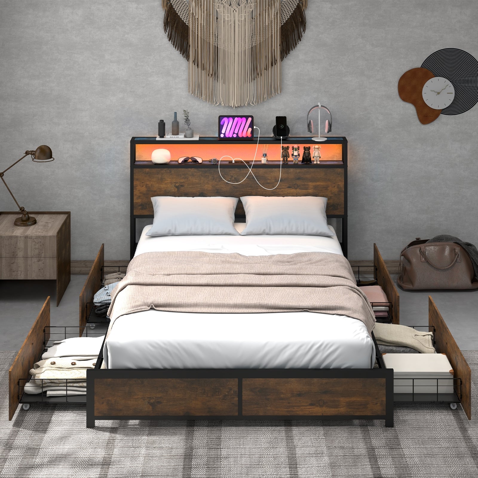 Full Queen Size Bed Frame, Smart LED Lights, Storage Drawers, Rustic Brown Simple Bed Frame at Gallery Canada