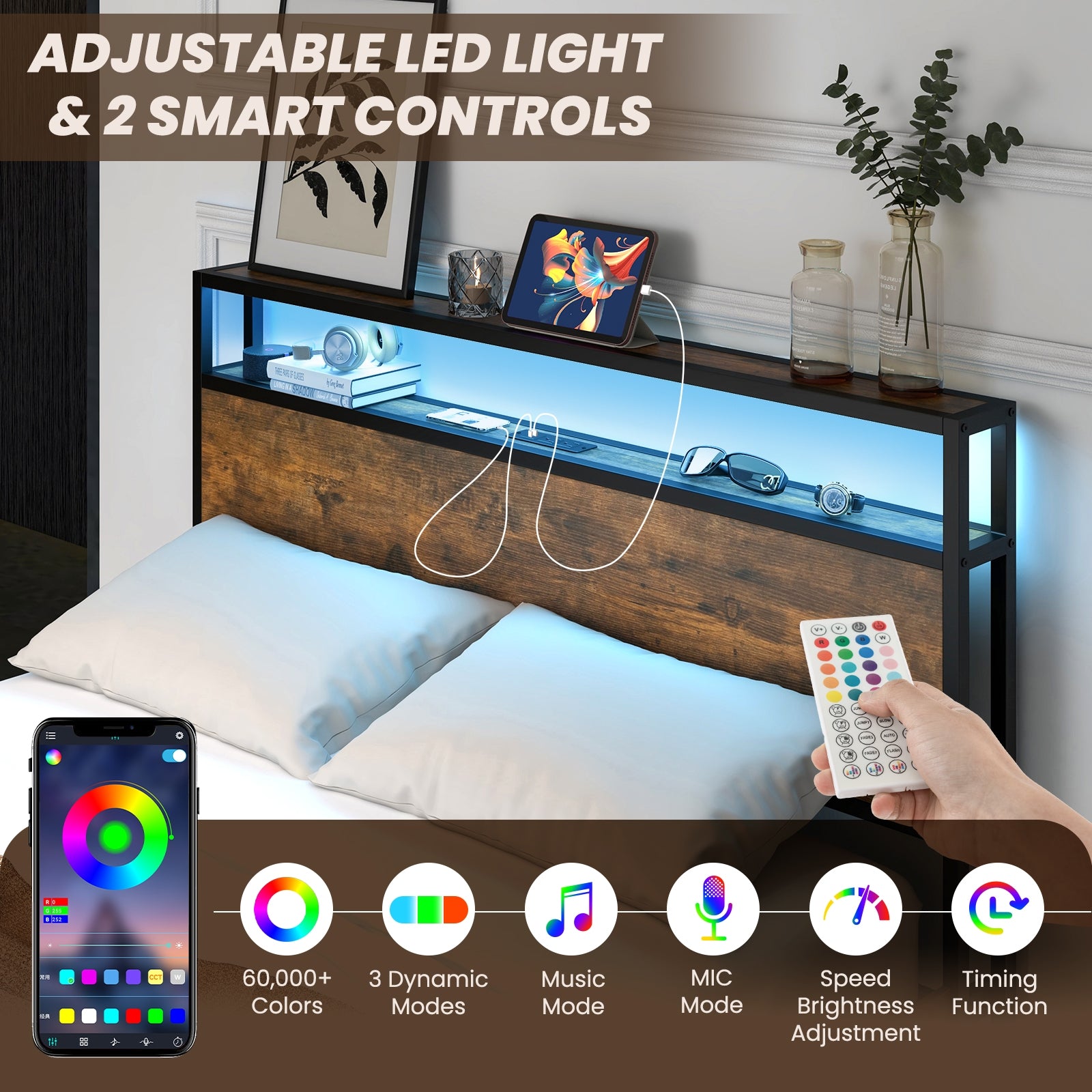 Full Queen Size Bed Frame, Smart LED Lights, Storage Drawers, Rustic Brown Simple Bed Frame at Gallery Canada