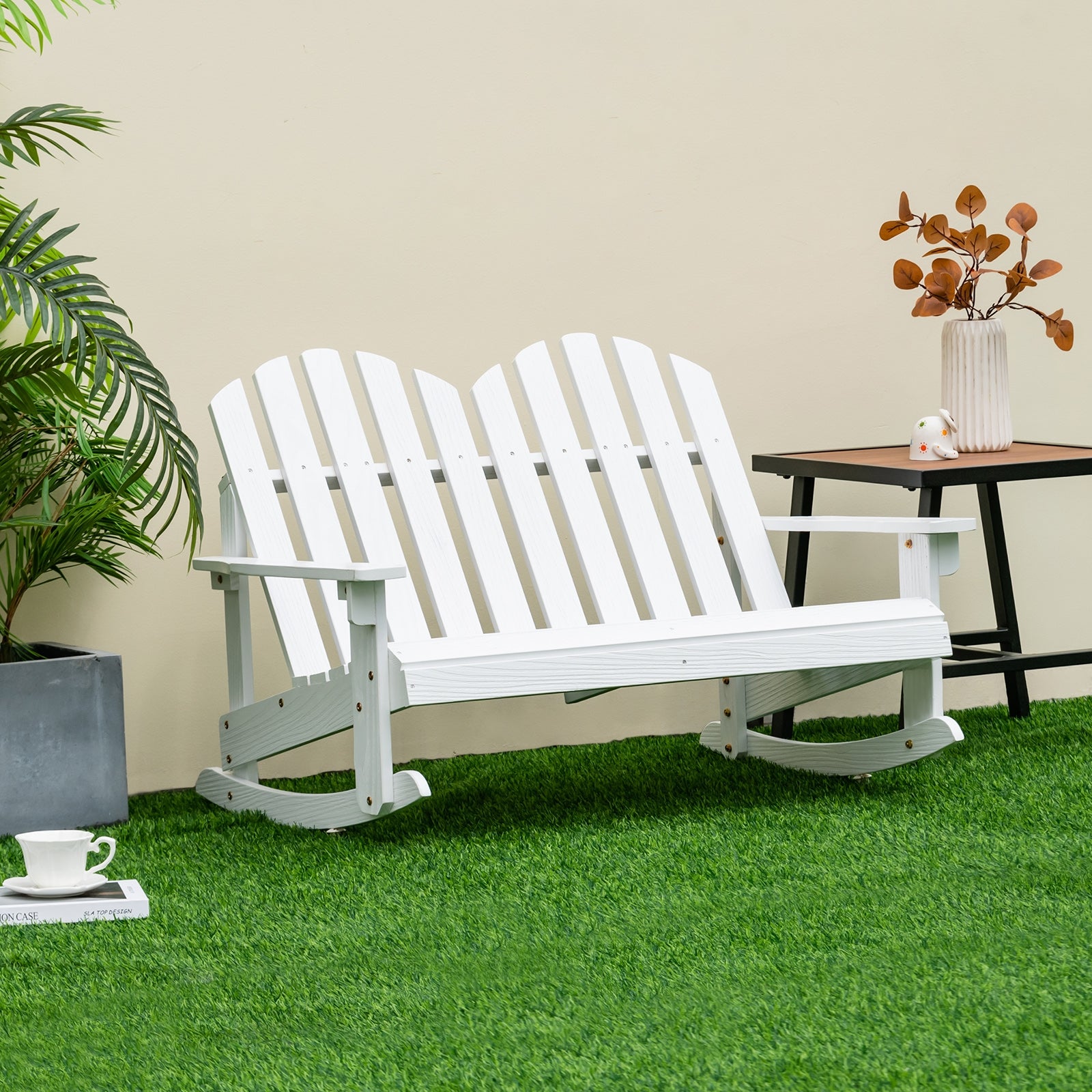 2 Person Adirondack Rocking Chair, Slatted Seat, White Patio Rocking Chairs & Gliders at Gallery Canada