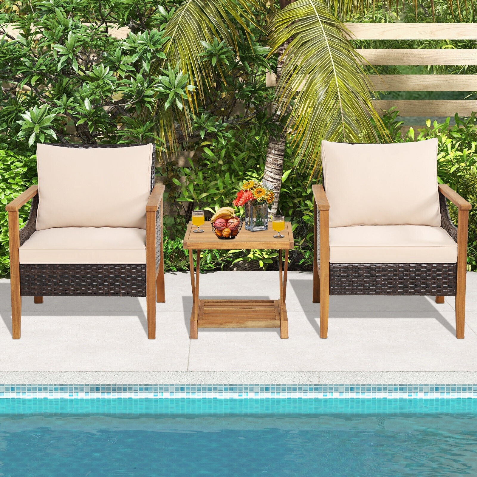 3-Piece Patio Wicker Set, 2-Tier Side Table, Cushioned Armchairs, Natural Patio Conversation Sets at Gallery Canada