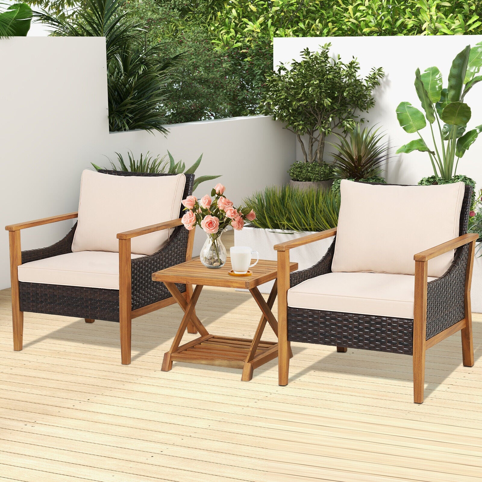 3-Piece Patio Wicker Set, 2-Tier Side Table, Cushioned Armchairs, Natural Patio Conversation Sets at Gallery Canada