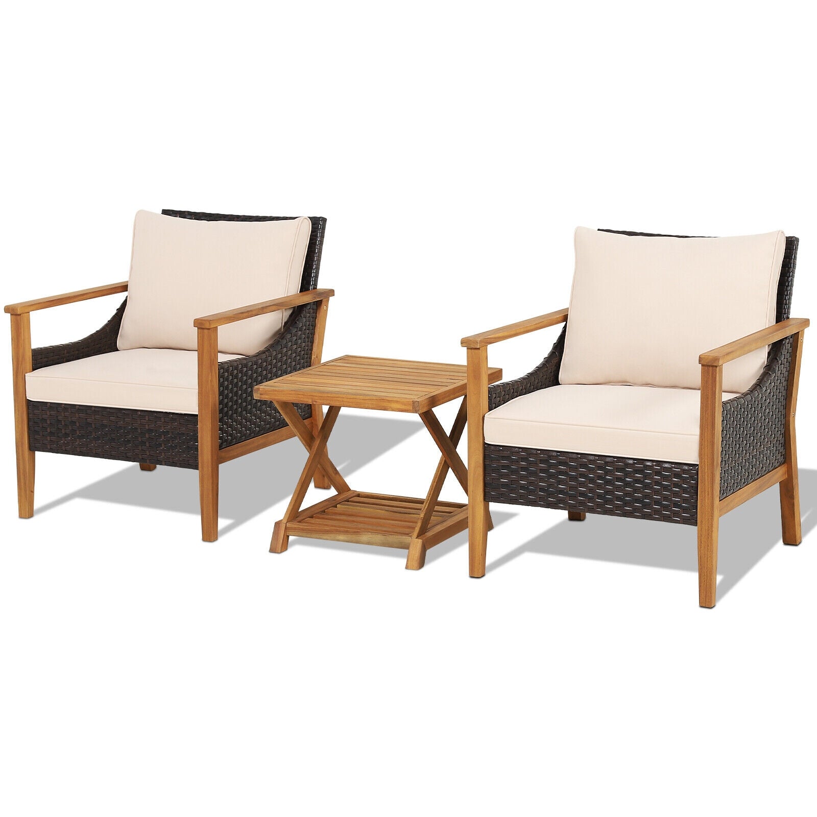 3-Piece Patio Wicker Set, 2-Tier Side Table, Cushioned Armchairs, Natural Patio Conversation Sets Natural at Gallery Canada