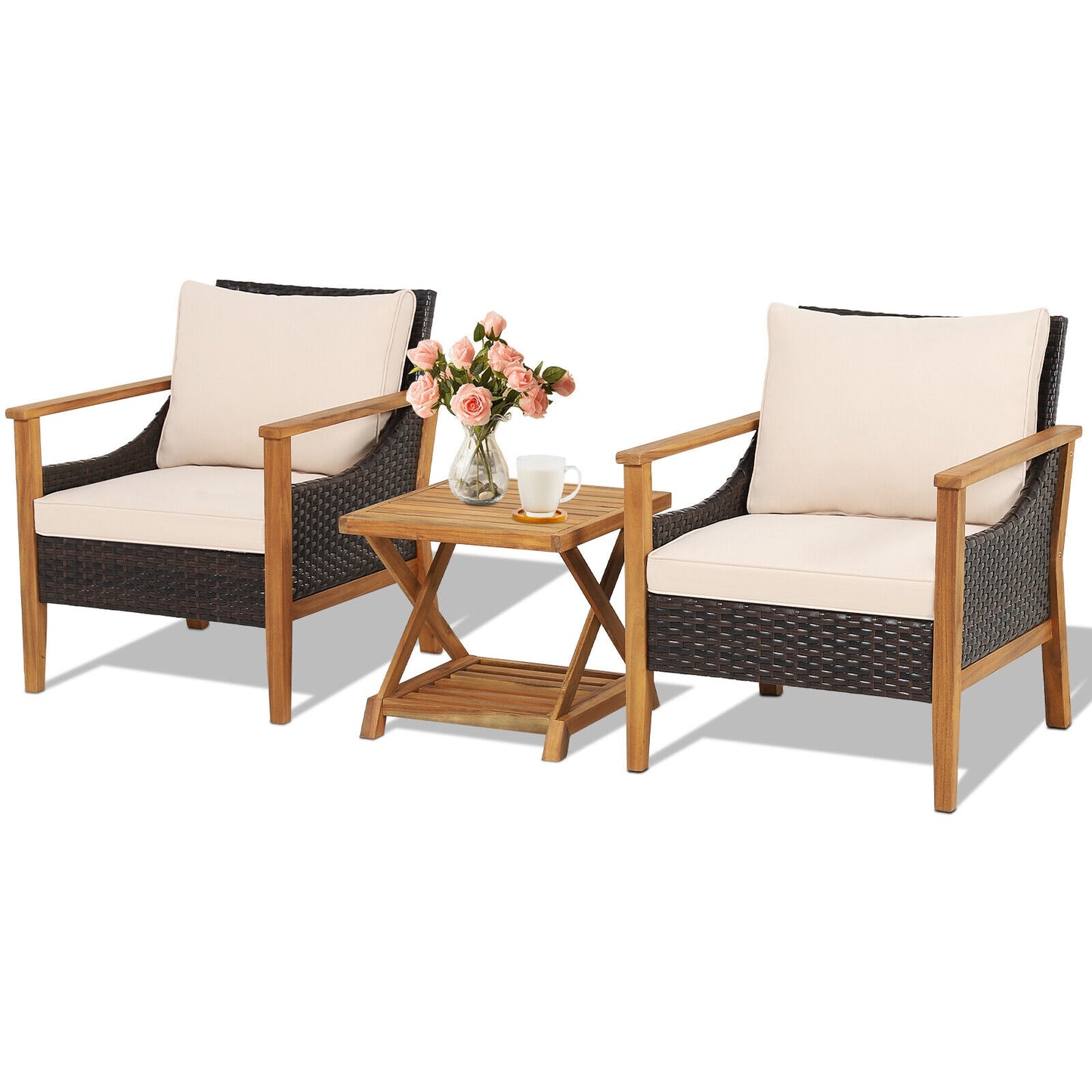 3-Piece Patio Wicker Set, 2-Tier Side Table, Cushioned Armchairs, Natural Patio Conversation Sets at Gallery Canada