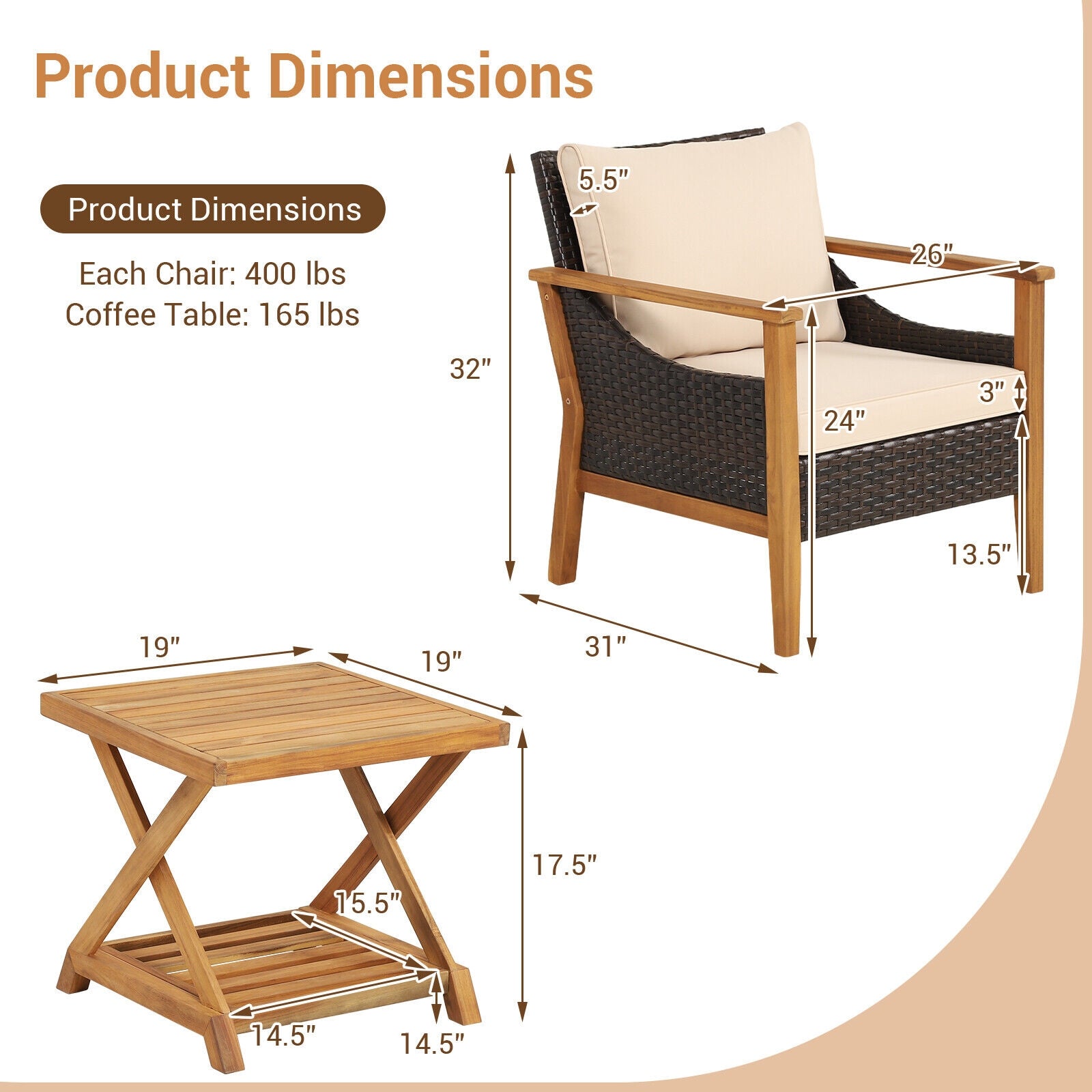 3-Piece Patio Wicker Set, 2-Tier Side Table, Cushioned Armchairs, Natural Patio Conversation Sets at Gallery Canada
