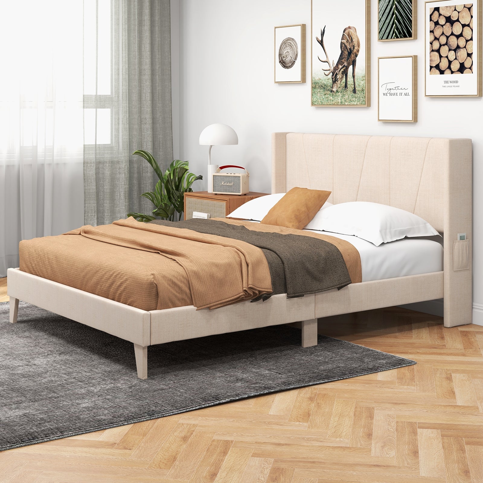 Queen Size Upholstered Bed Frame, Geometric Wingback Headboard, Beige Simple Bed Frame at Gallery Canada