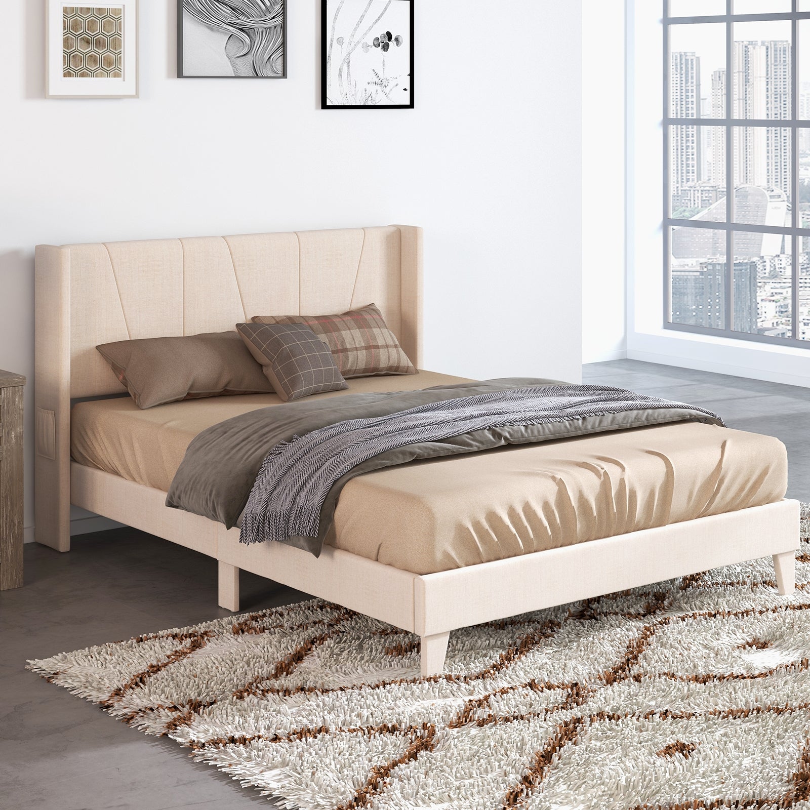 Queen Size Upholstered Bed Frame, Geometric Wingback Headboard, Beige Simple Bed Frame at Gallery Canada