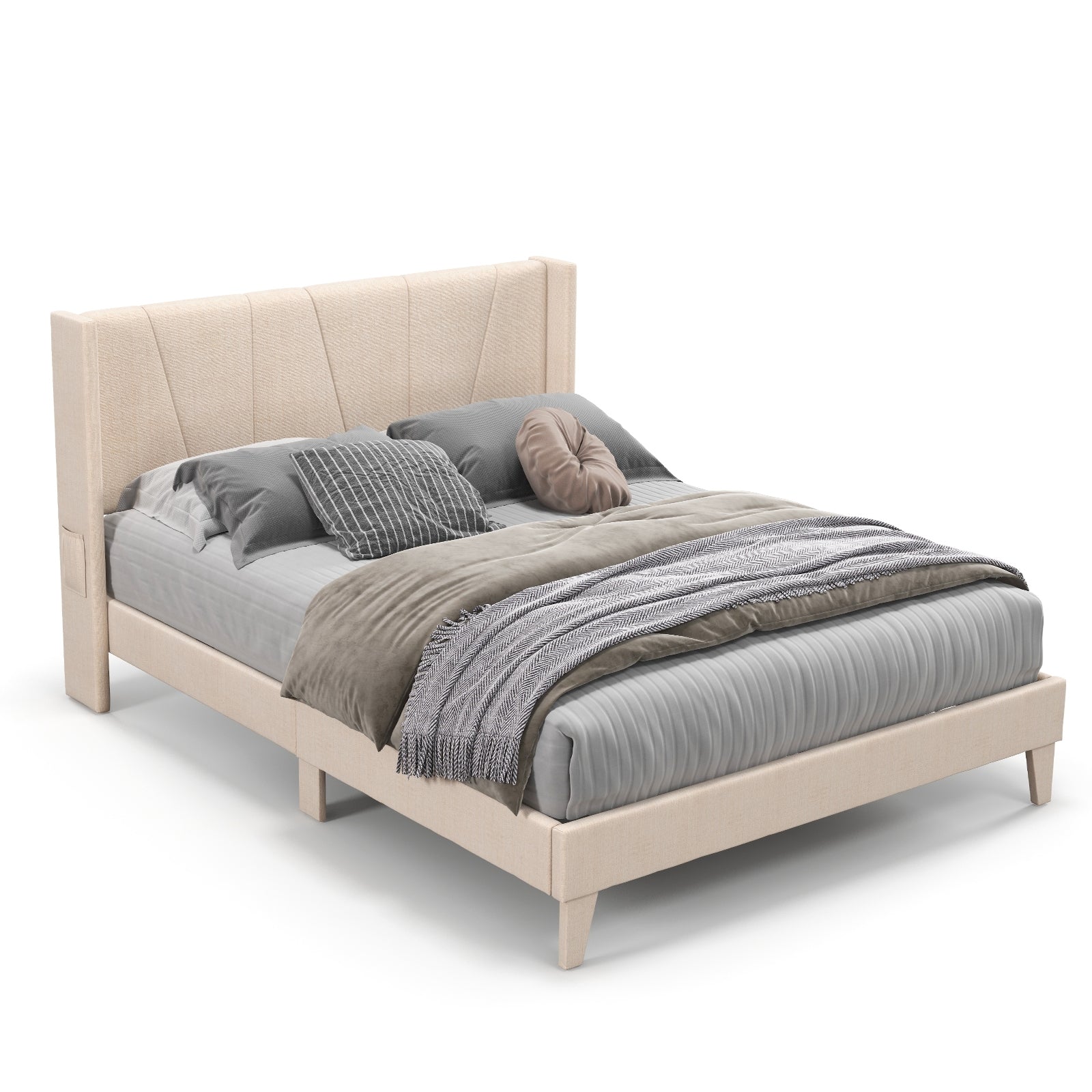 Queen Size Upholstered Bed Frame, Geometric Wingback Headboard, Beige Simple Bed Frame at Gallery Canada