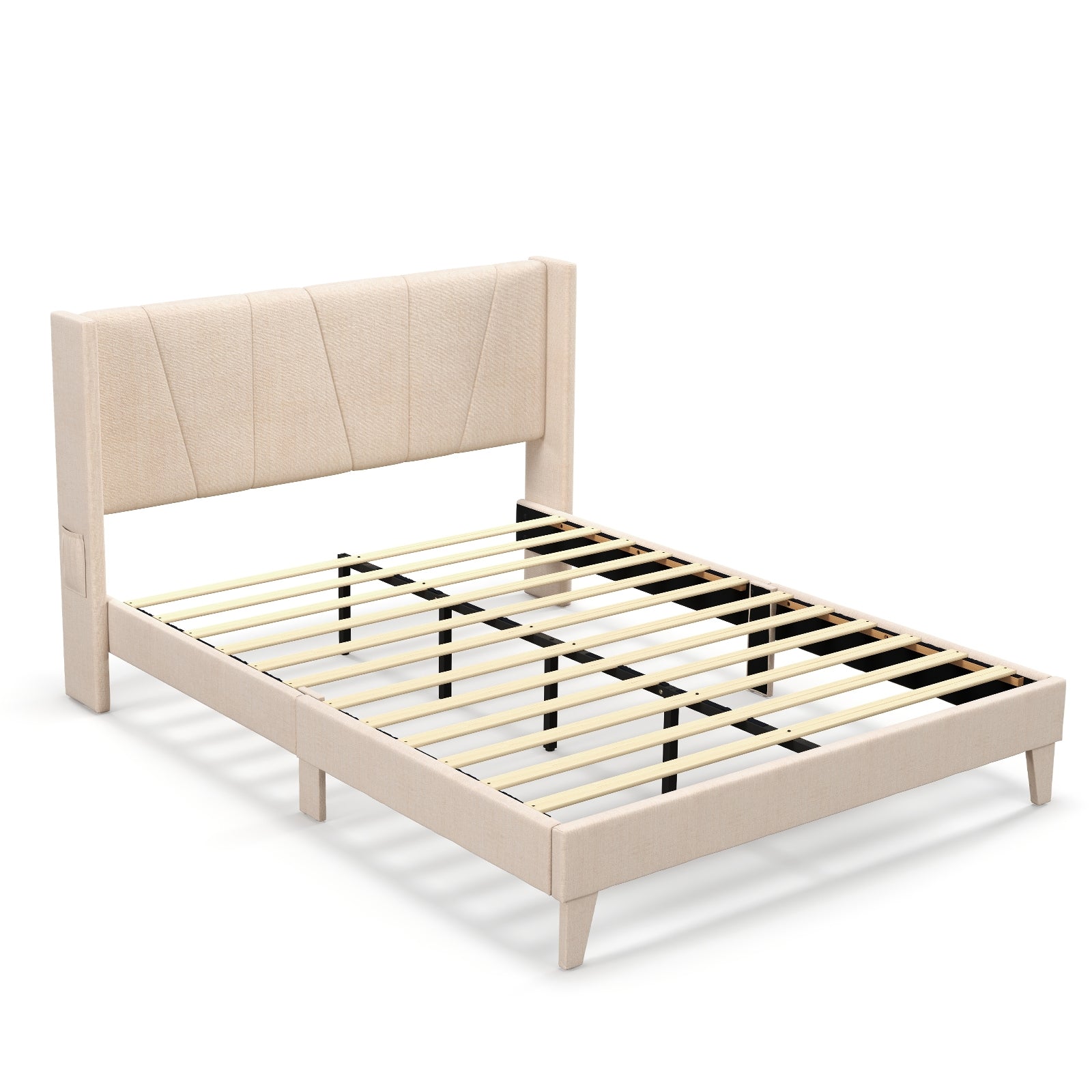 Queen Size Upholstered Bed Frame, Geometric Wingback Headboard, Beige Simple Bed Frame at Gallery Canada