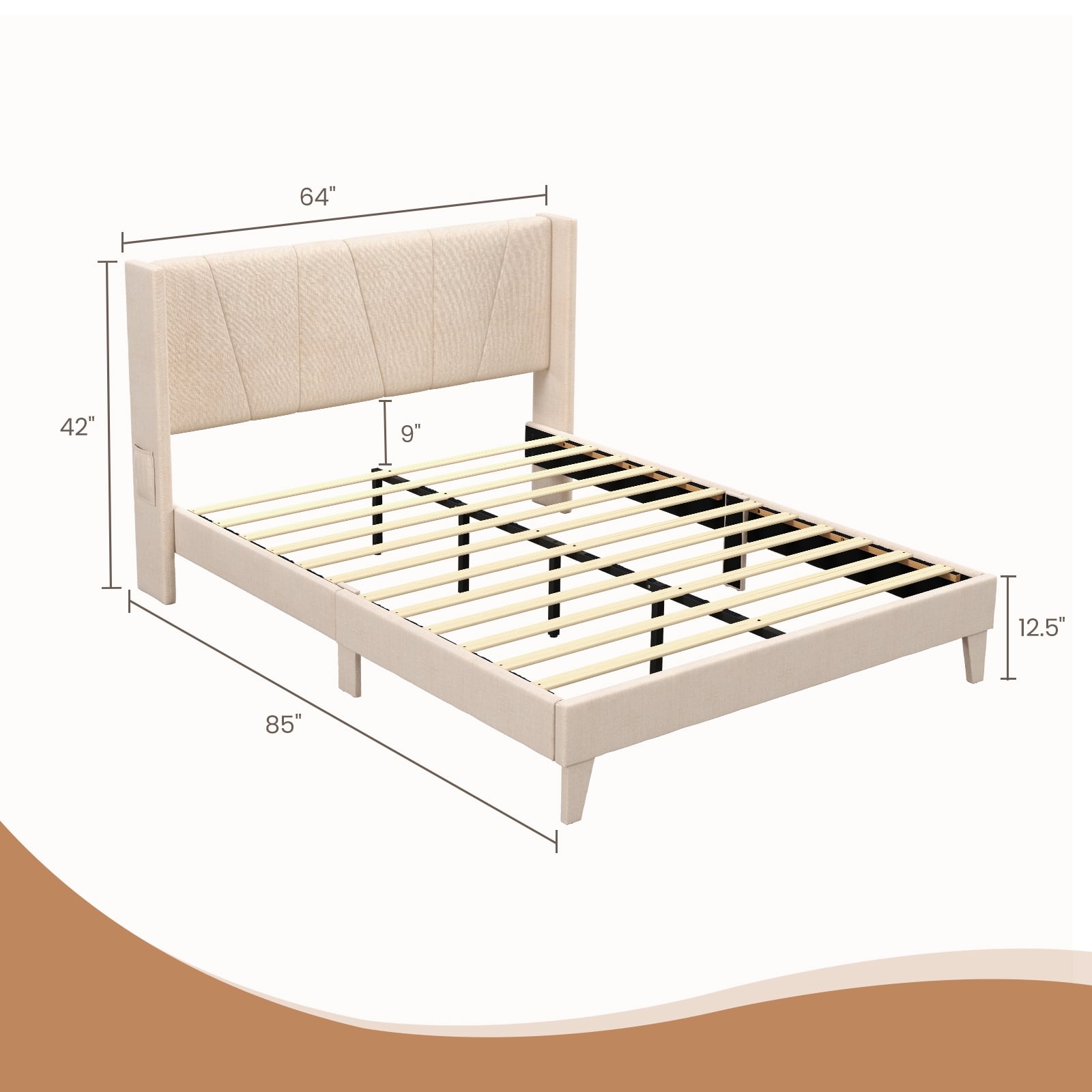 Queen Size Upholstered Bed Frame, Geometric Wingback Headboard, Beige Simple Bed Frame at Gallery Canada