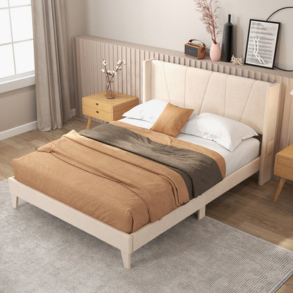 Queen Size Upholstered Bed Frame, Geometric Wingback Headboard, Beige Simple Bed Frame at Gallery Canada