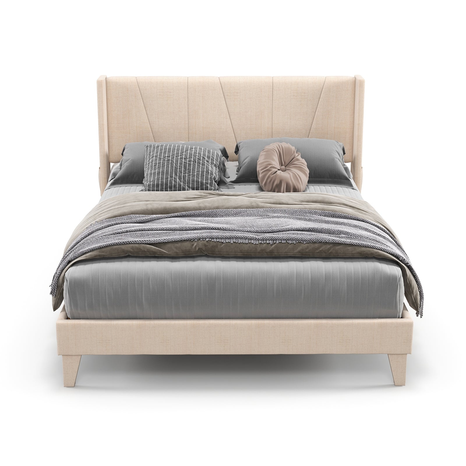 Queen Size Upholstered Bed Frame, Geometric Wingback Headboard, Beige Simple Bed Frame at Gallery Canada