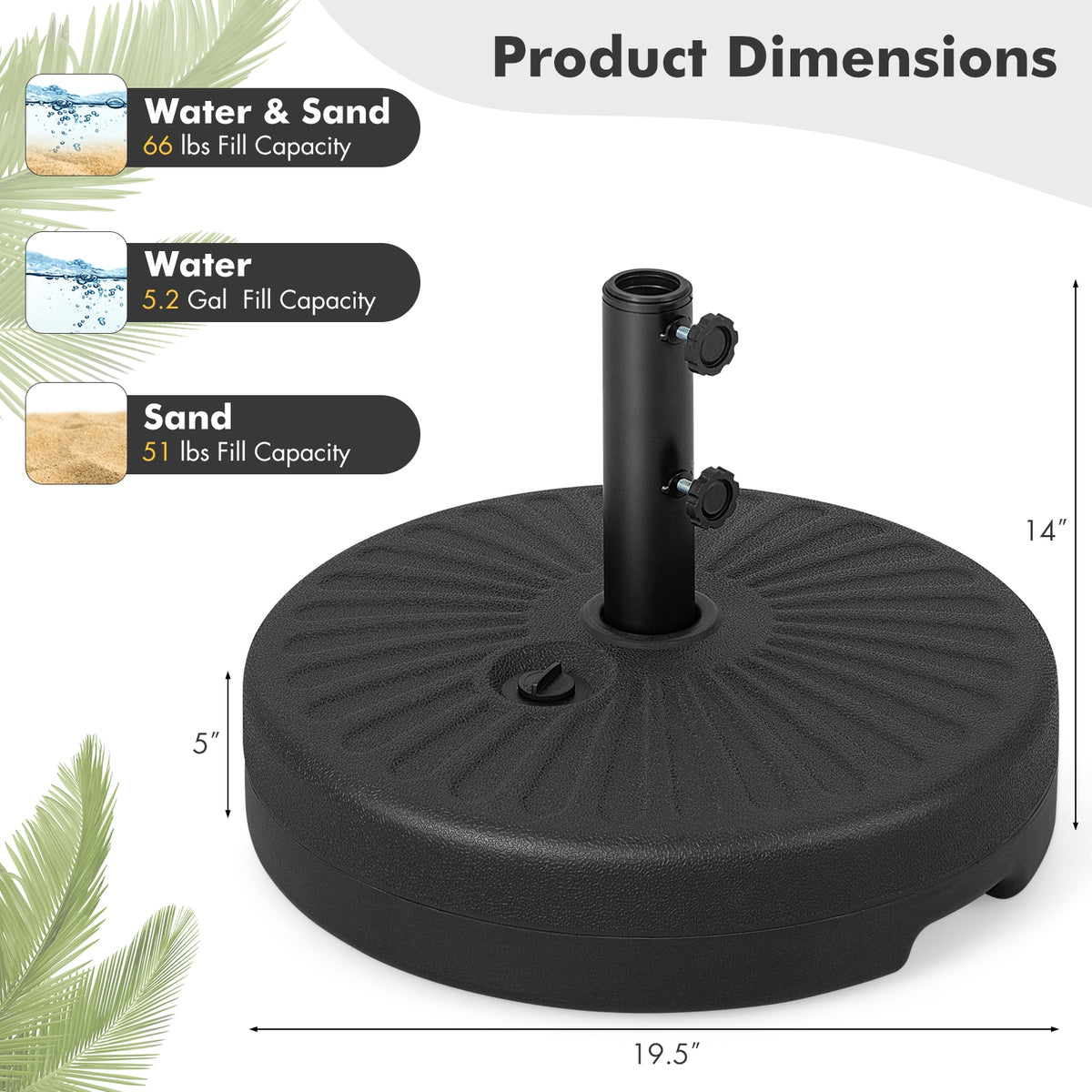19.5 Inch Fillable Round Umbrella Base Stand, Black Outdoor Umbrella Bases at Gallery Canada