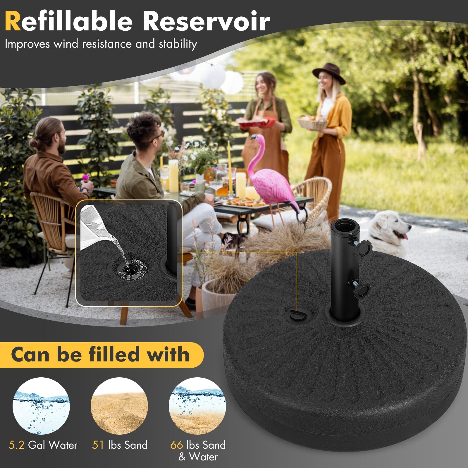 19.5 Inch Fillable Round Umbrella Base Stand, Black Outdoor Umbrella Bases at Gallery Canada