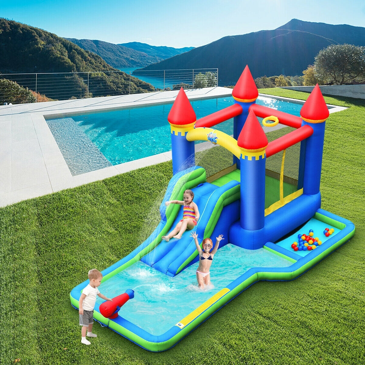 Inflatable Bounce House Castle Water Slide, Climbing Wall, 550W Blower, Multicolor Bounce House at Gallery Canada