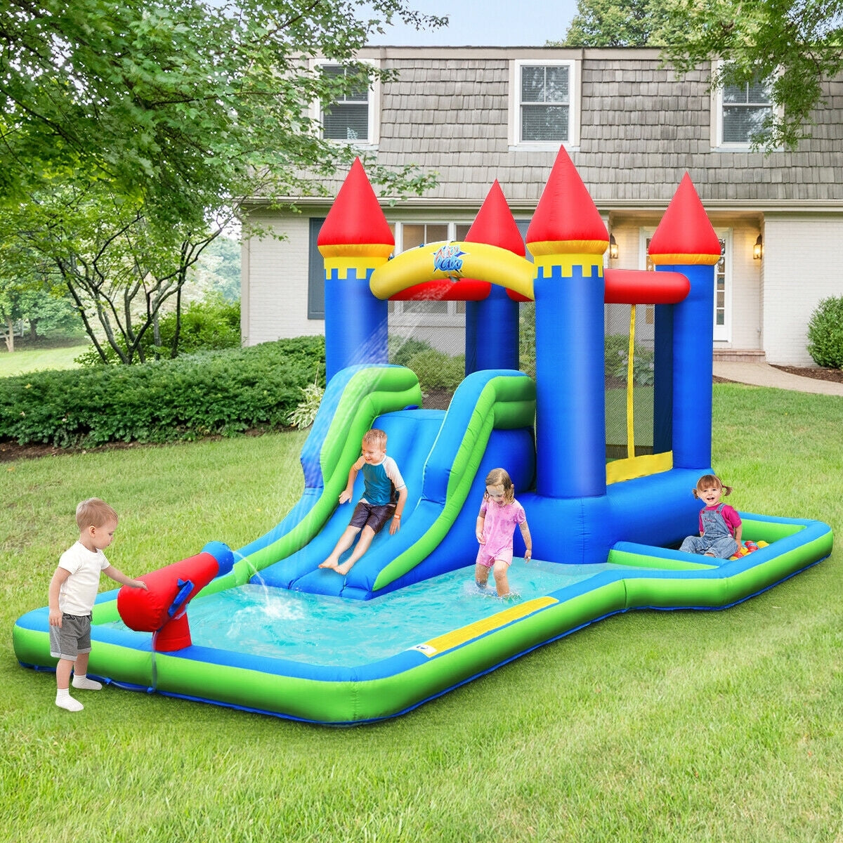 Inflatable Bounce House Castle Water Slide, Climbing Wall, 550W Blower, Multicolor Bounce House at Gallery Canada