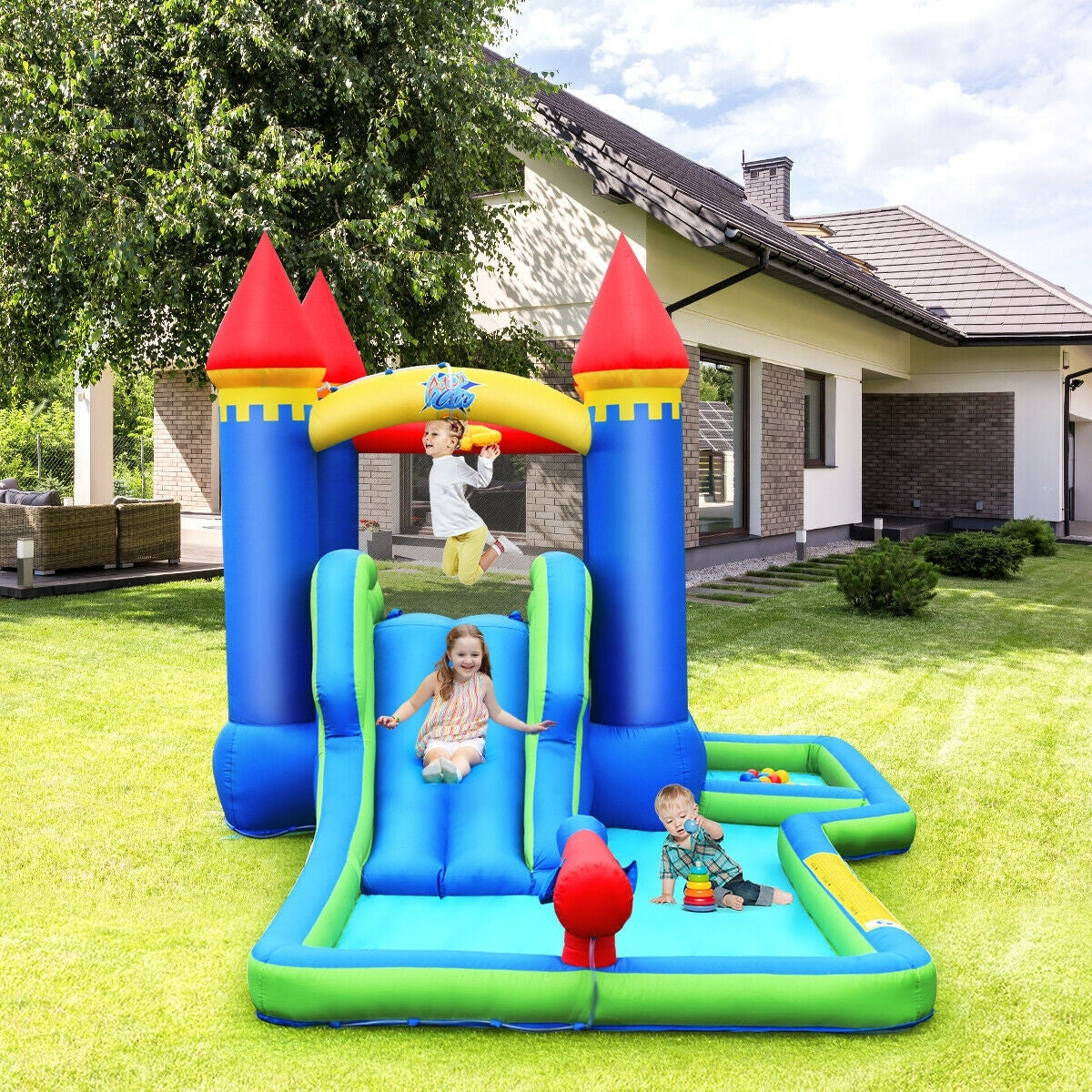 Inflatable Bounce House Castle Water Slide, Climbing Wall, 550W Blower, Multicolor Bounce House at Gallery Canada
