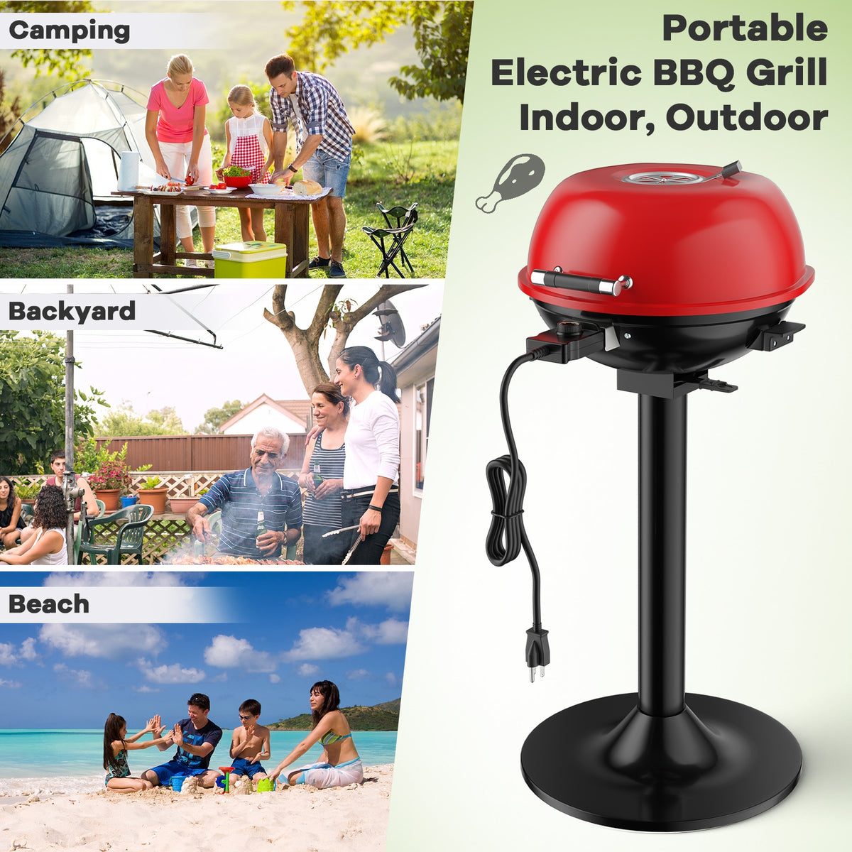 1600W Portable Electric BBQ Grill with Removable Non-Stick Rack, Black & Red Outdoor Grills at Gallery Canada