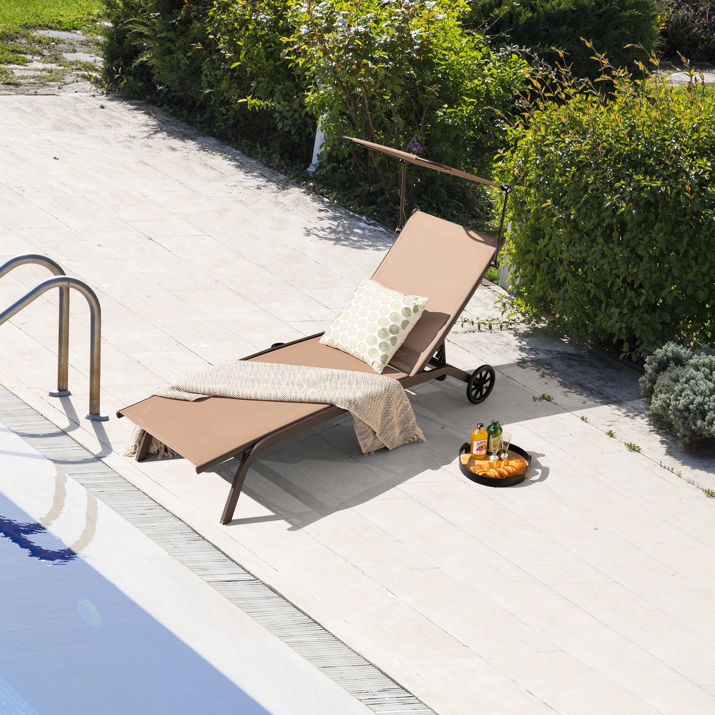 Heavy-Duty Adjustable Chaise Lounge Chair With Canopy, Cup Holder, Wheels, Brown Outdoor Chaise Lounges at Gallery Canada