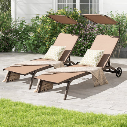 Heavy-Duty Adjustable Chaise Lounge Chair With Canopy, Cup Holder, Wheels, Brown Outdoor Chaise Lounges at Gallery Canada