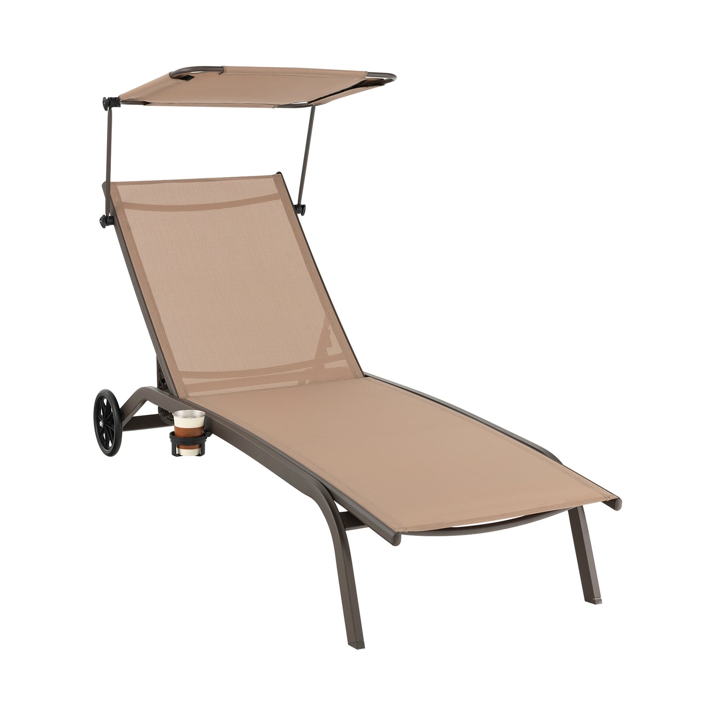 Heavy-Duty Adjustable Chaise Lounge Chair With Canopy, Cup Holder, Wheels, Brown Outdoor Chaise Lounges at Gallery Canada