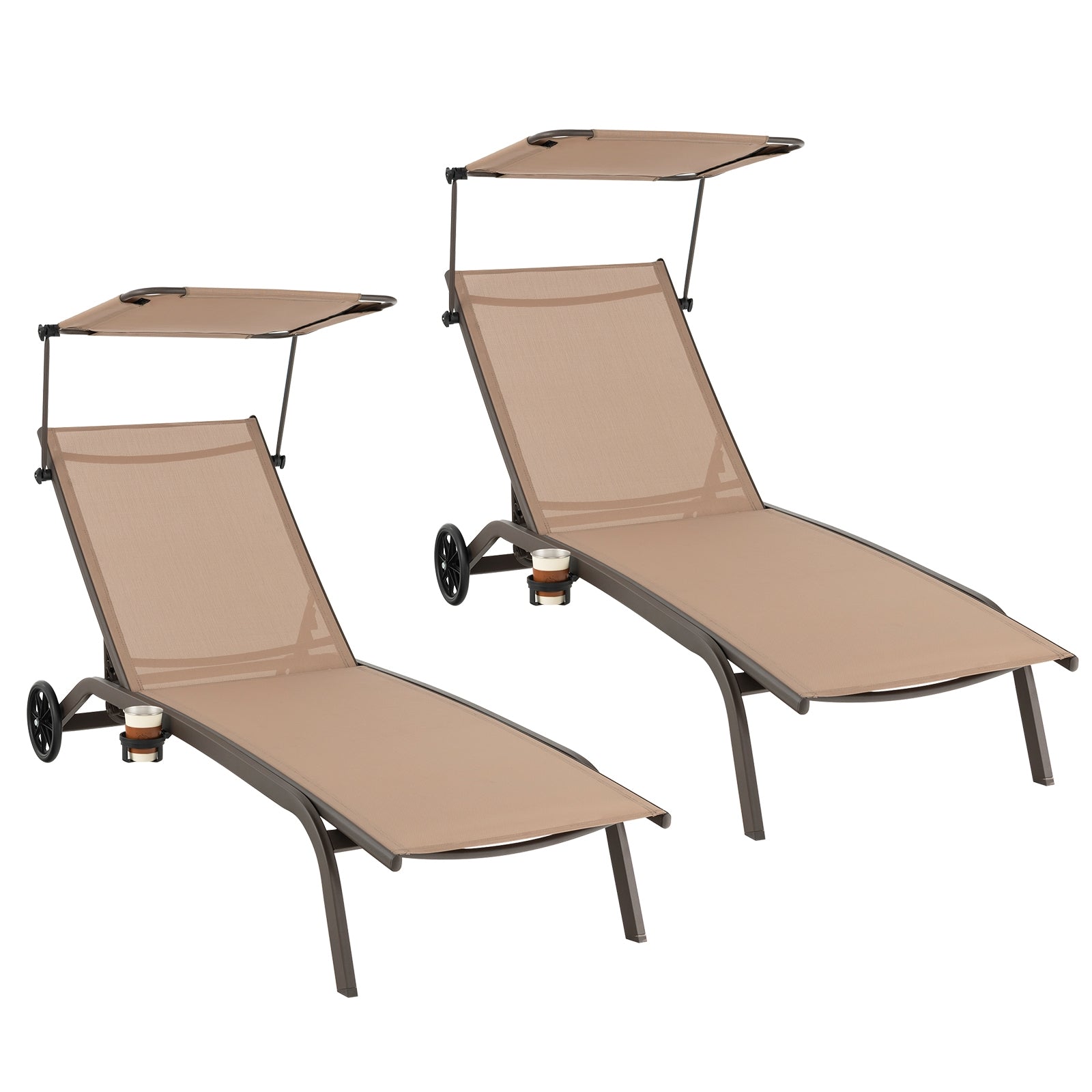 Heavy-Duty Adjustable Chaise Lounge Chair With Canopy, Cup Holder, Wheels, Brown Outdoor Chaise Lounges at Gallery Canada