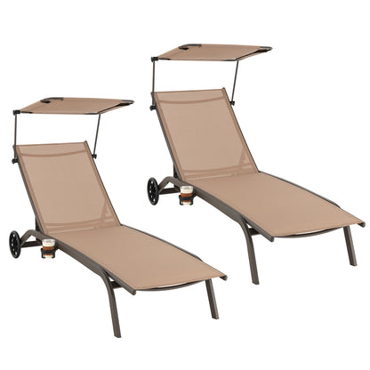 Heavy-Duty Adjustable Chaise Lounge Chair With Canopy, Cup Holder, Wheels, Brown Outdoor Chaise Lounges at Gallery Canada