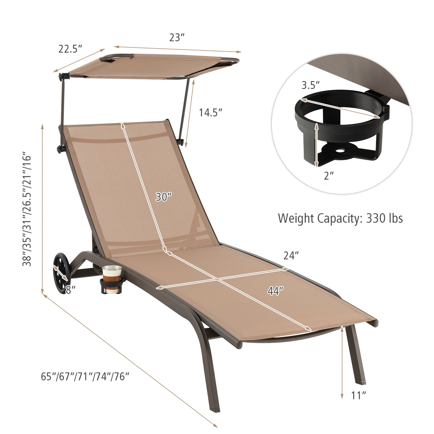 Heavy-Duty Adjustable Chaise Lounge Chair With Canopy, Cup Holder, Wheels, Brown Outdoor Chaise Lounges at Gallery Canada