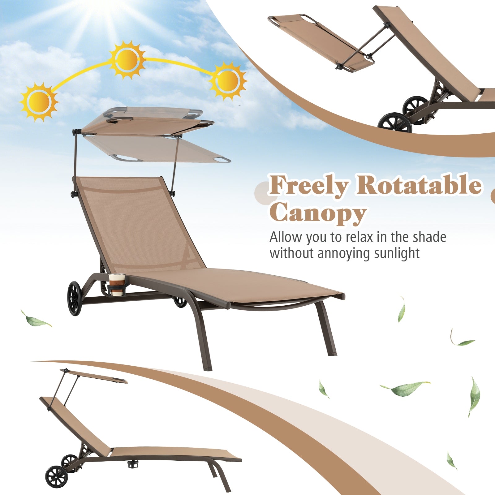 Heavy-Duty Adjustable Chaise Lounge Chair With Canopy, Cup Holder, Wheels, Brown Outdoor Chaise Lounges at Gallery Canada