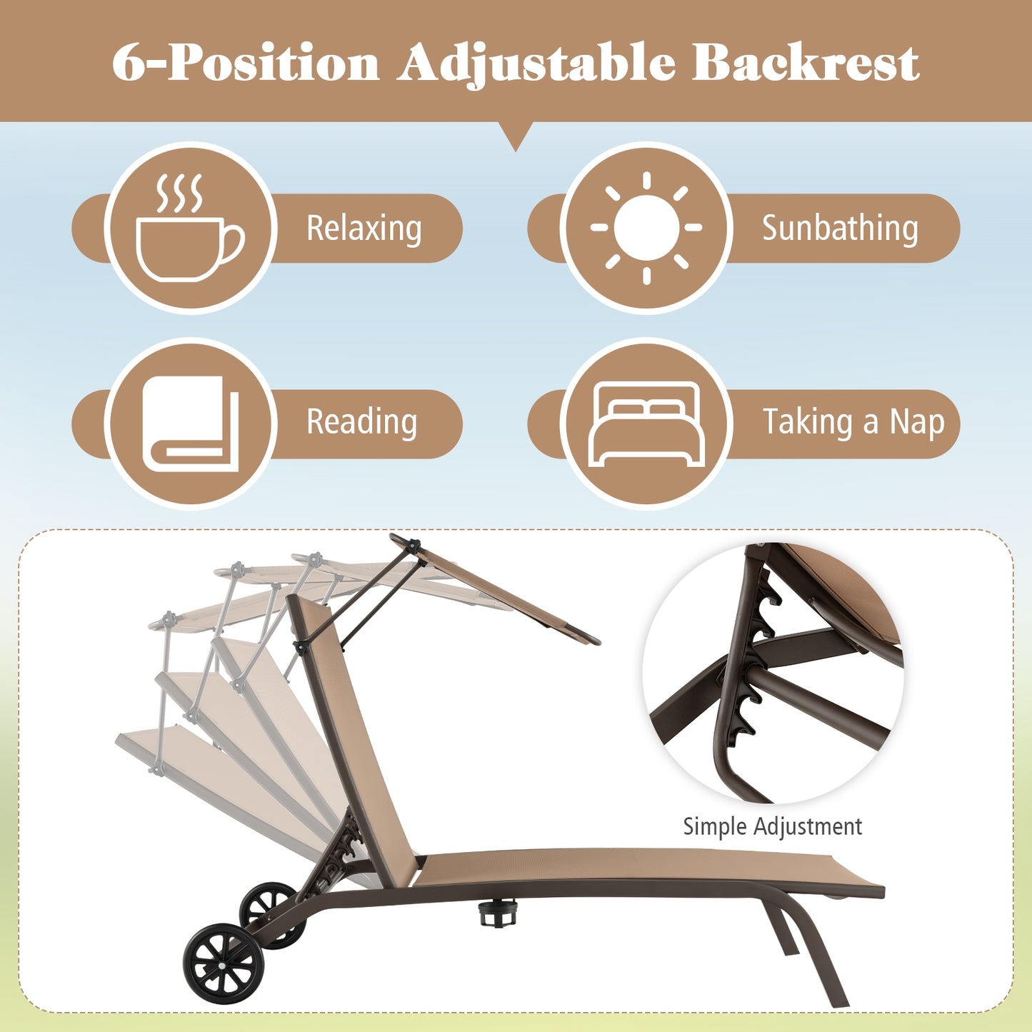 Heavy-Duty Adjustable Chaise Lounge Chair With Canopy, Cup Holder, Wheels, Brown Outdoor Chaise Lounges at Gallery Canada