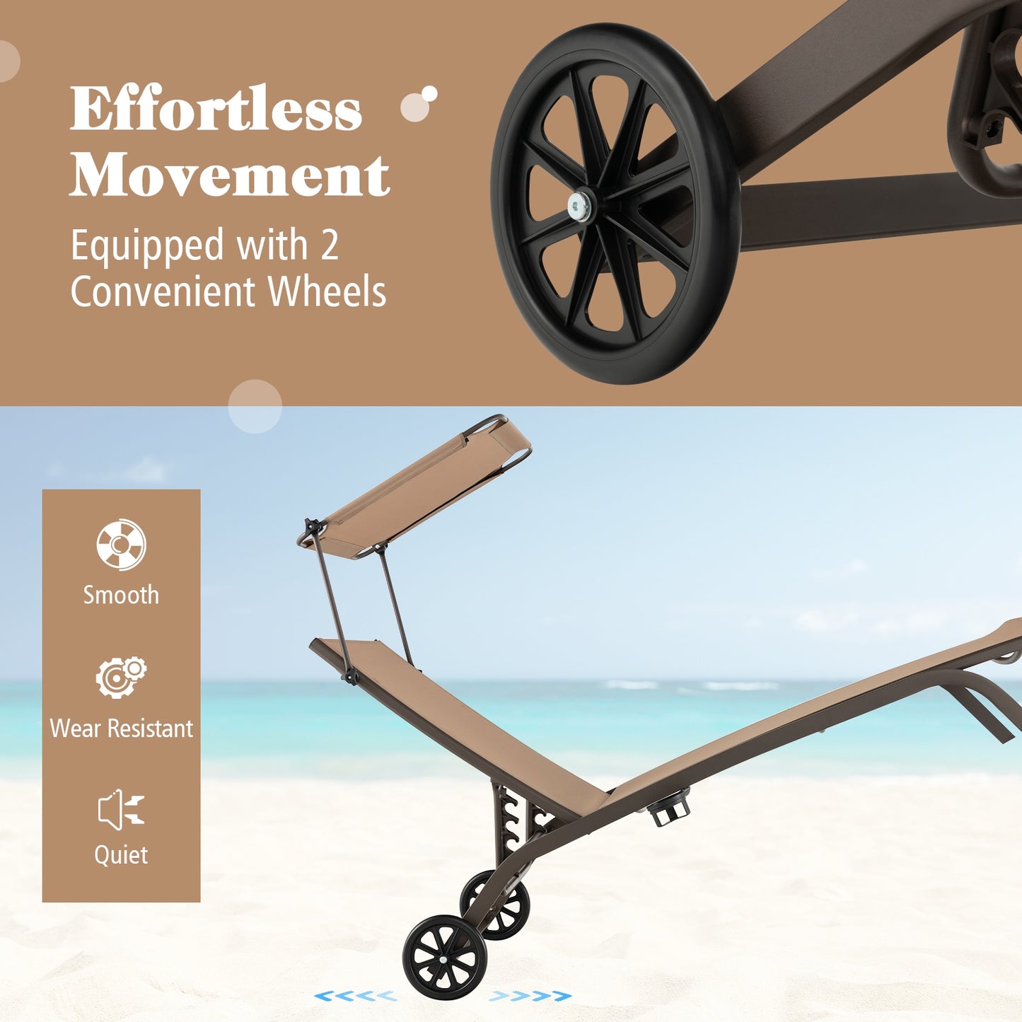 Heavy-Duty Adjustable Chaise Lounge Chair With Canopy, Cup Holder, Wheels, Brown Outdoor Chaise Lounges at Gallery Canada