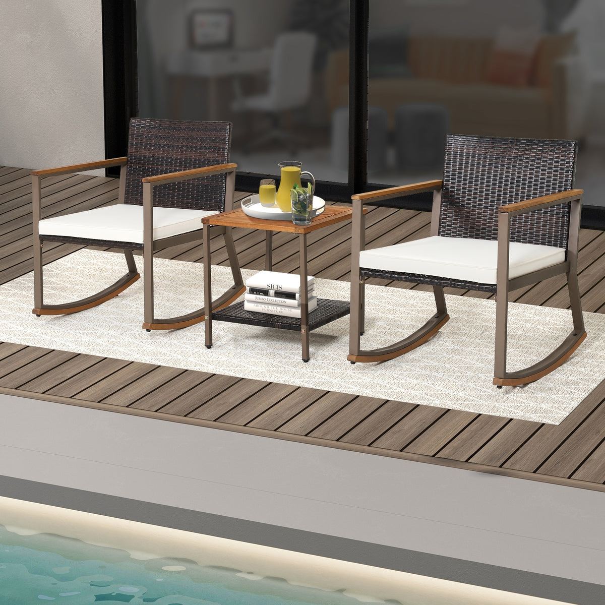 Rattan Rocking Bistro Set, 3 Pieces, Coffee Table, Cushions, Off White Patio Conversation Sets at Gallery Canada