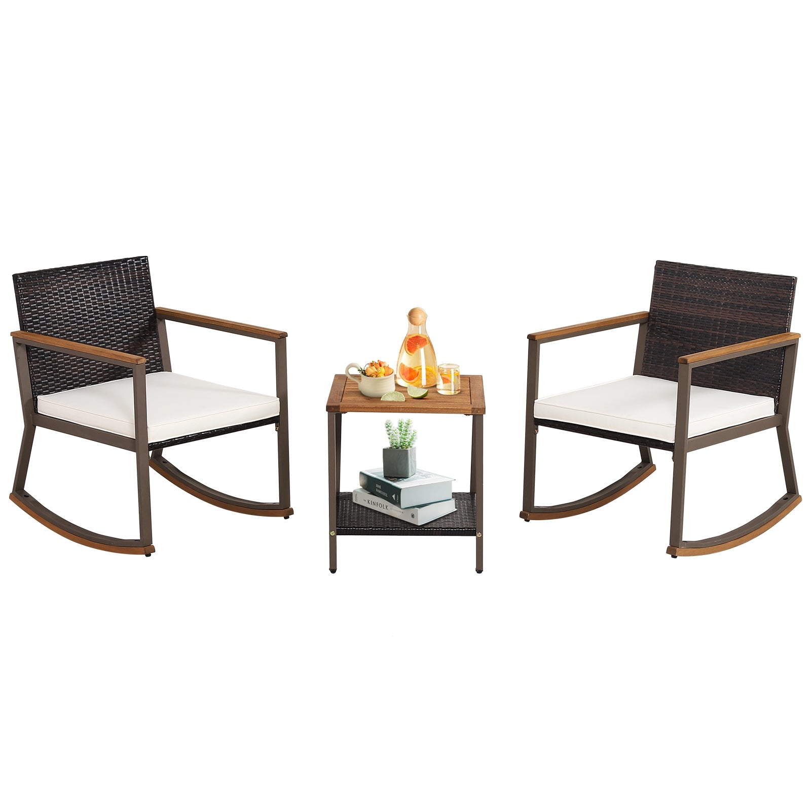 Rattan Rocking Bistro Set, 3 Pieces, Coffee Table, Cushions, Off White Patio Conversation Sets at Gallery Canada