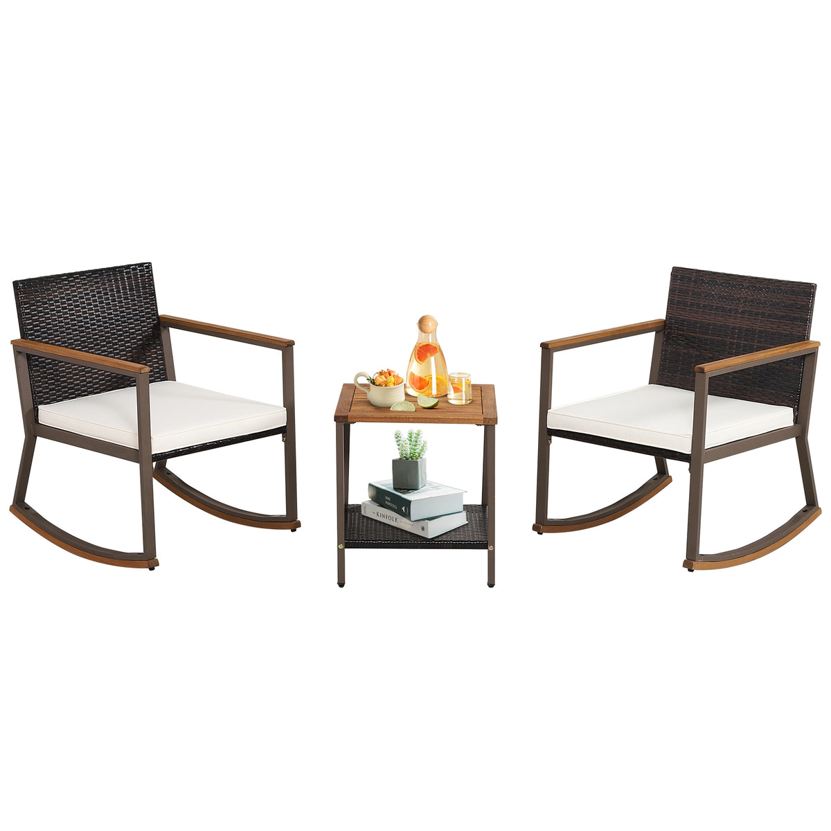 Rattan Rocking Bistro Set, 3 Pieces, Coffee Table, Cushions, Off White Patio Conversation Sets at Gallery Canada