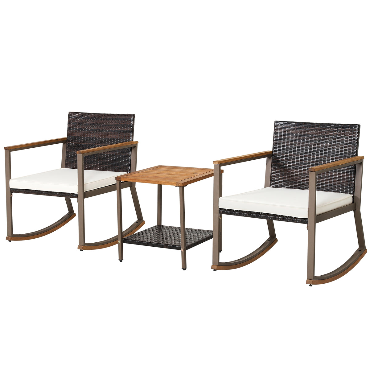 Rattan Rocking Bistro Set, 3 Pieces, Coffee Table, Cushions, Off White Patio Conversation Sets at Gallery Canada