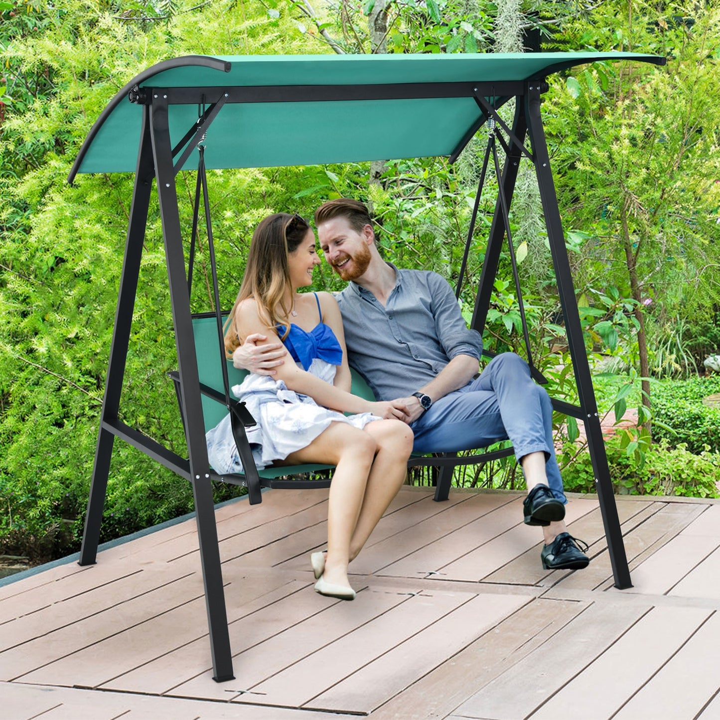 2 Person Patio Swing, Weather Resistant Glider, Adjustable Canopy, Green Porch Swings at Gallery Canada