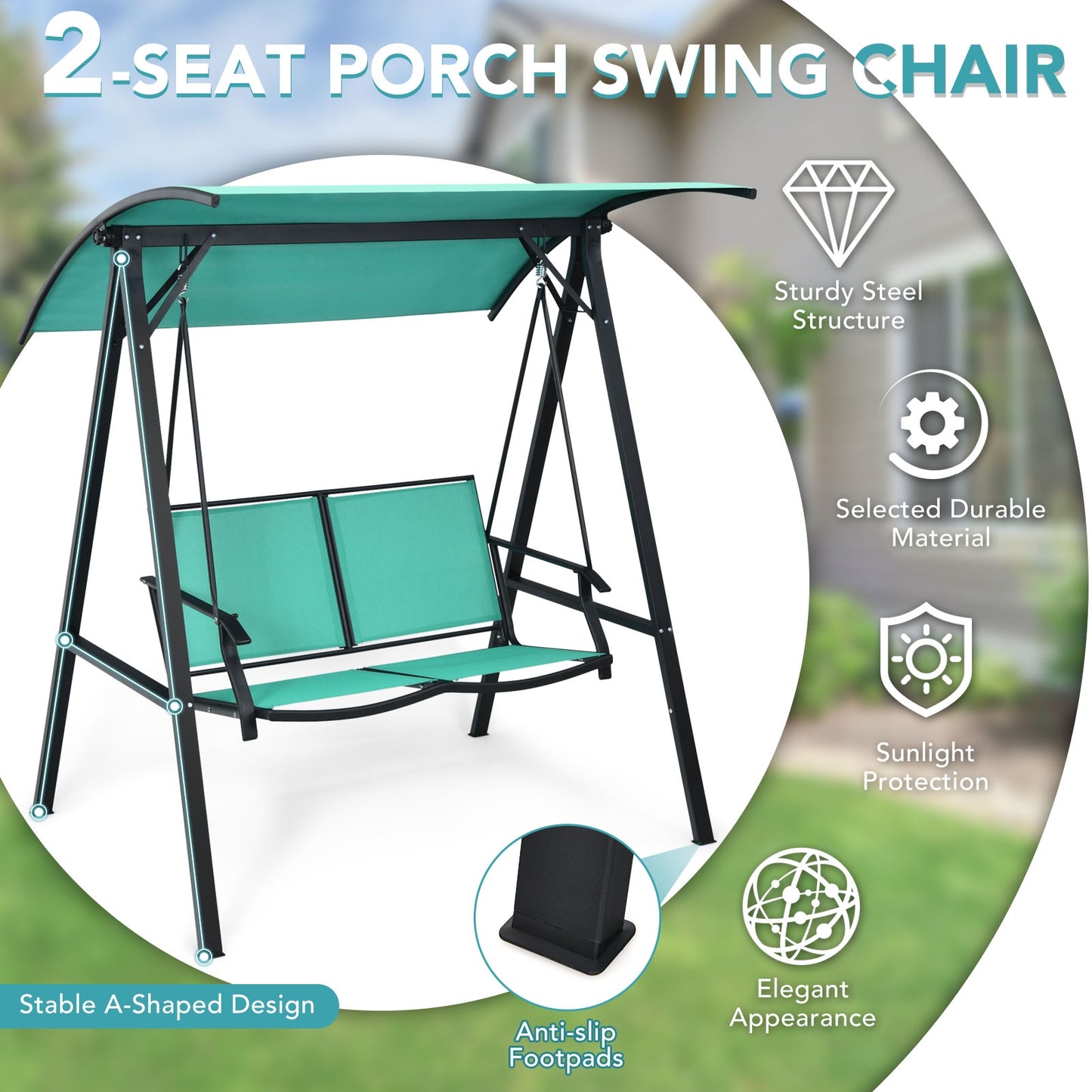 2 Person Patio Swing, Weather Resistant Glider, Adjustable Canopy, Green Porch Swings at Gallery Canada