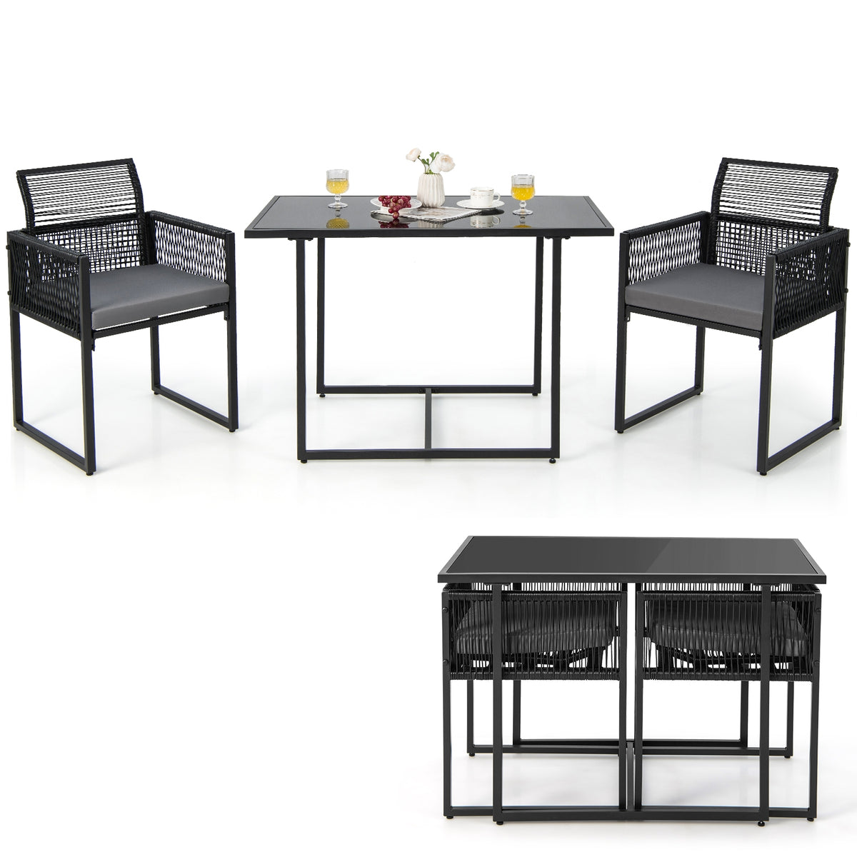3-Piece Outdoor Dining Set, Folding Backrest, Seat Cushions, Black Patio Dining Sets at Gallery Canada