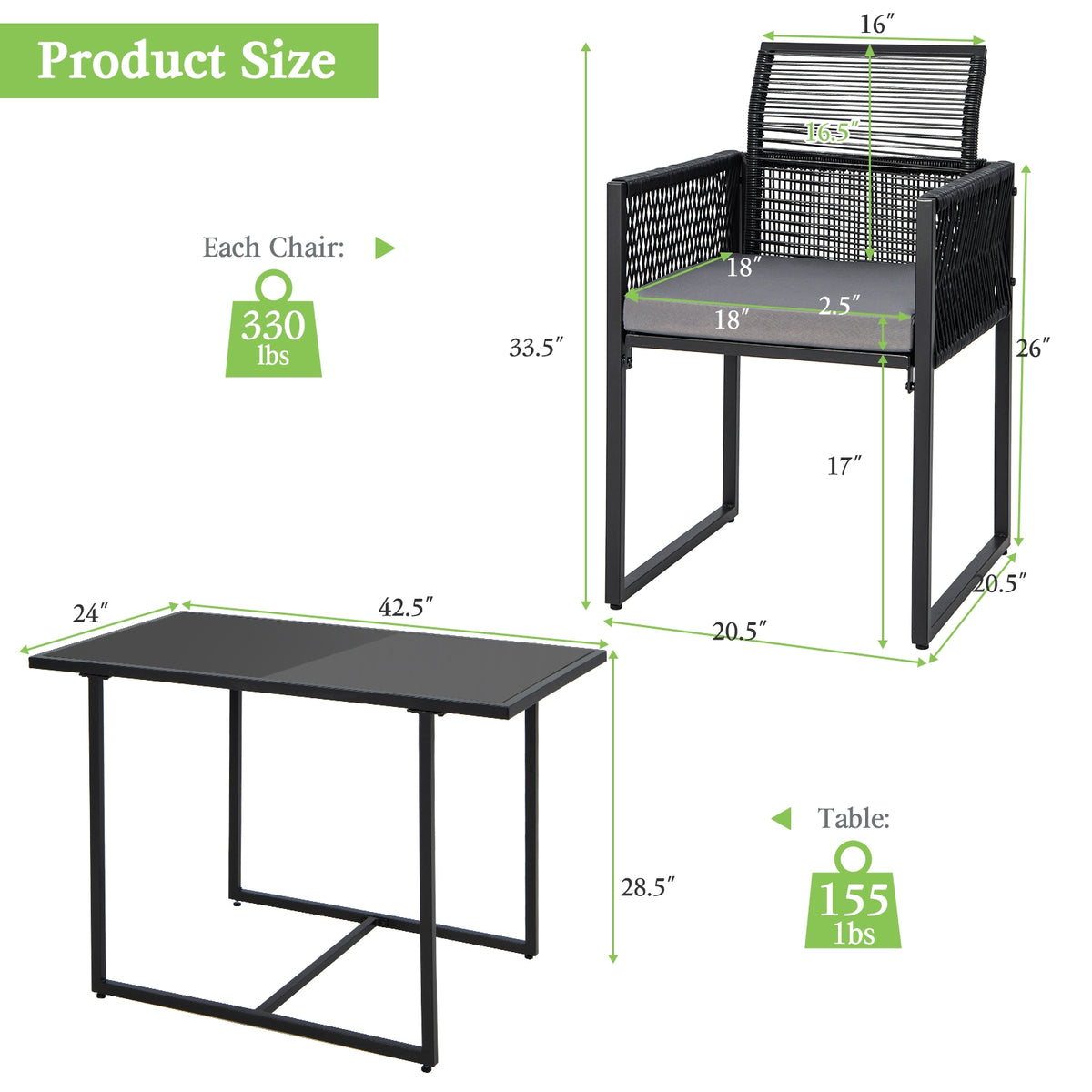 3-Piece Outdoor Dining Set, Folding Backrest, Seat Cushions, Black Patio Dining Sets at Gallery Canada