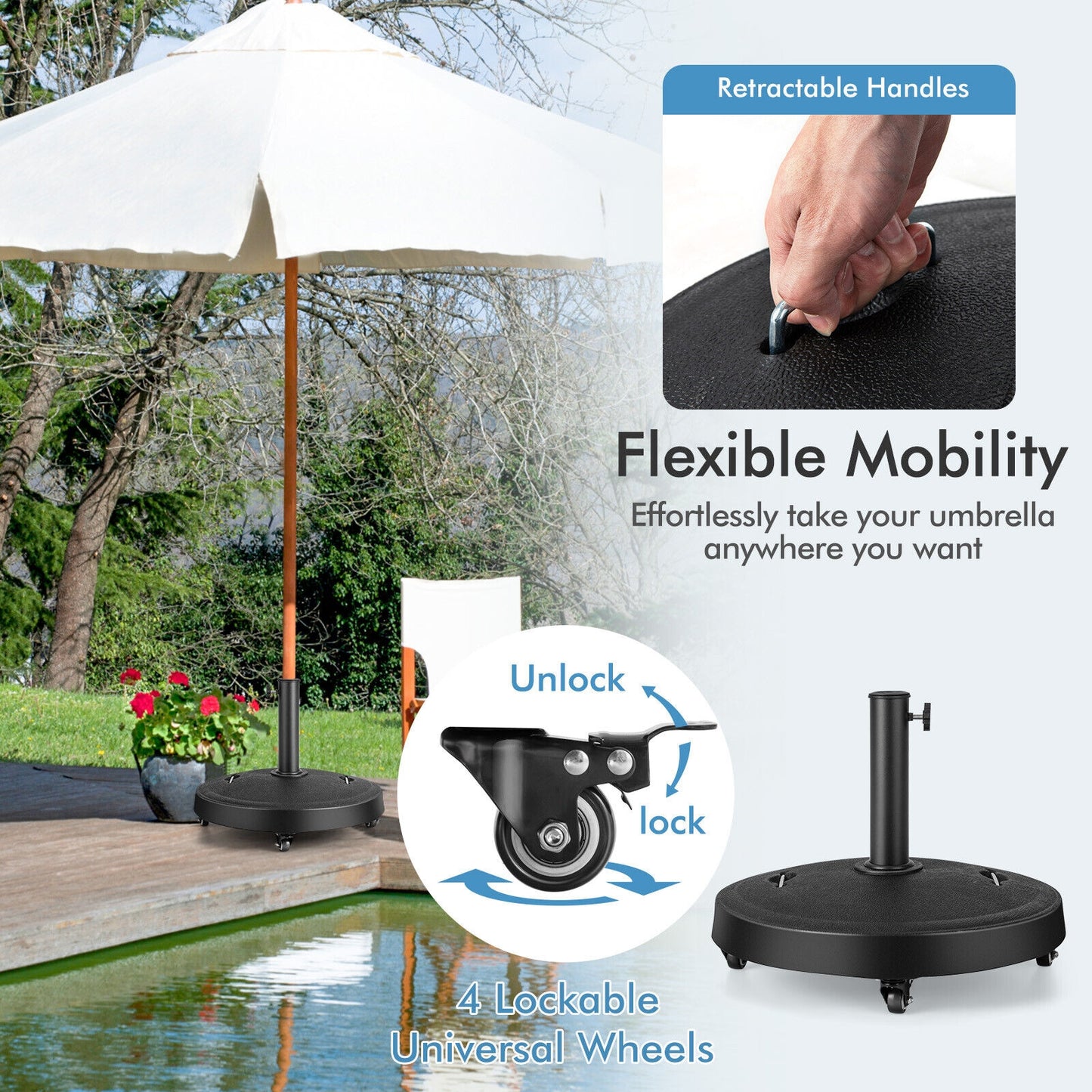 51LBS 20.5Inch Outdoor Umbrella Base With Wheels, Black Outdoor Umbrella Bases at Gallery Canada