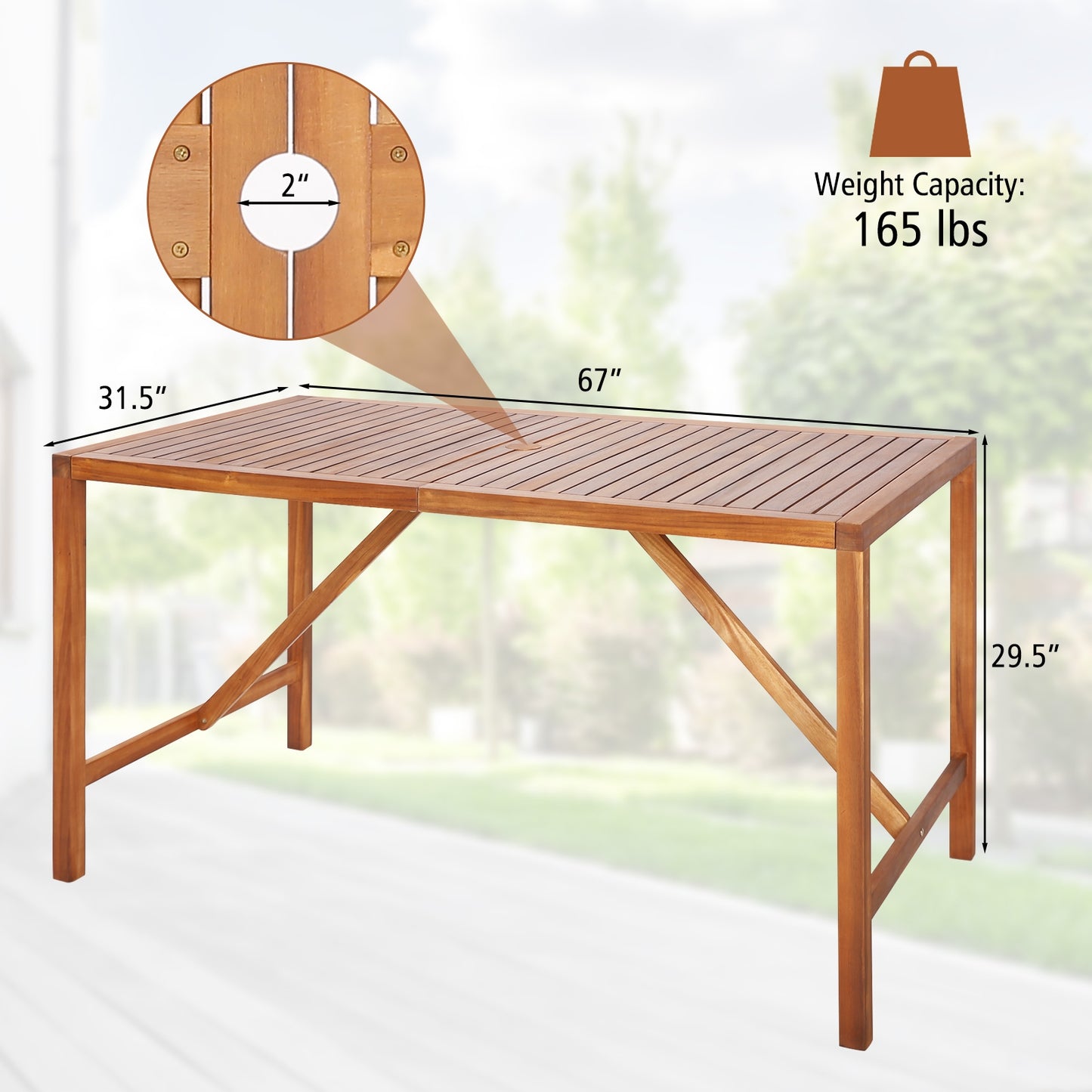 67 Inch Acacia Wood Patio Dining Table, Natural Patio Dining Tables at Gallery Canada